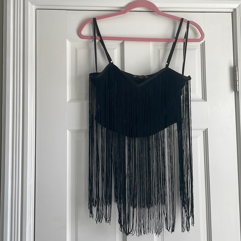 Fringe crop top with adjustable straps